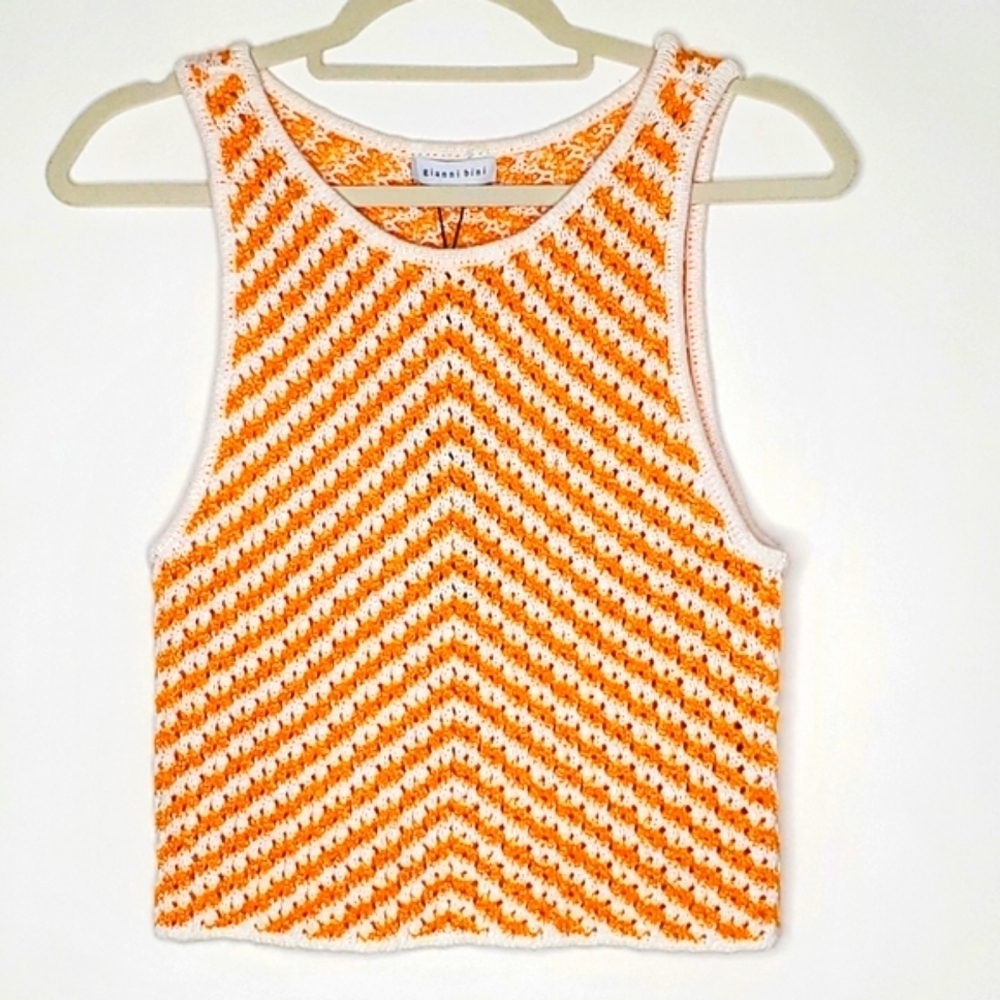 Crochet Cropped Sleeveless Top M Open Knit Sweater Vest Chevron Print NEW Preppy